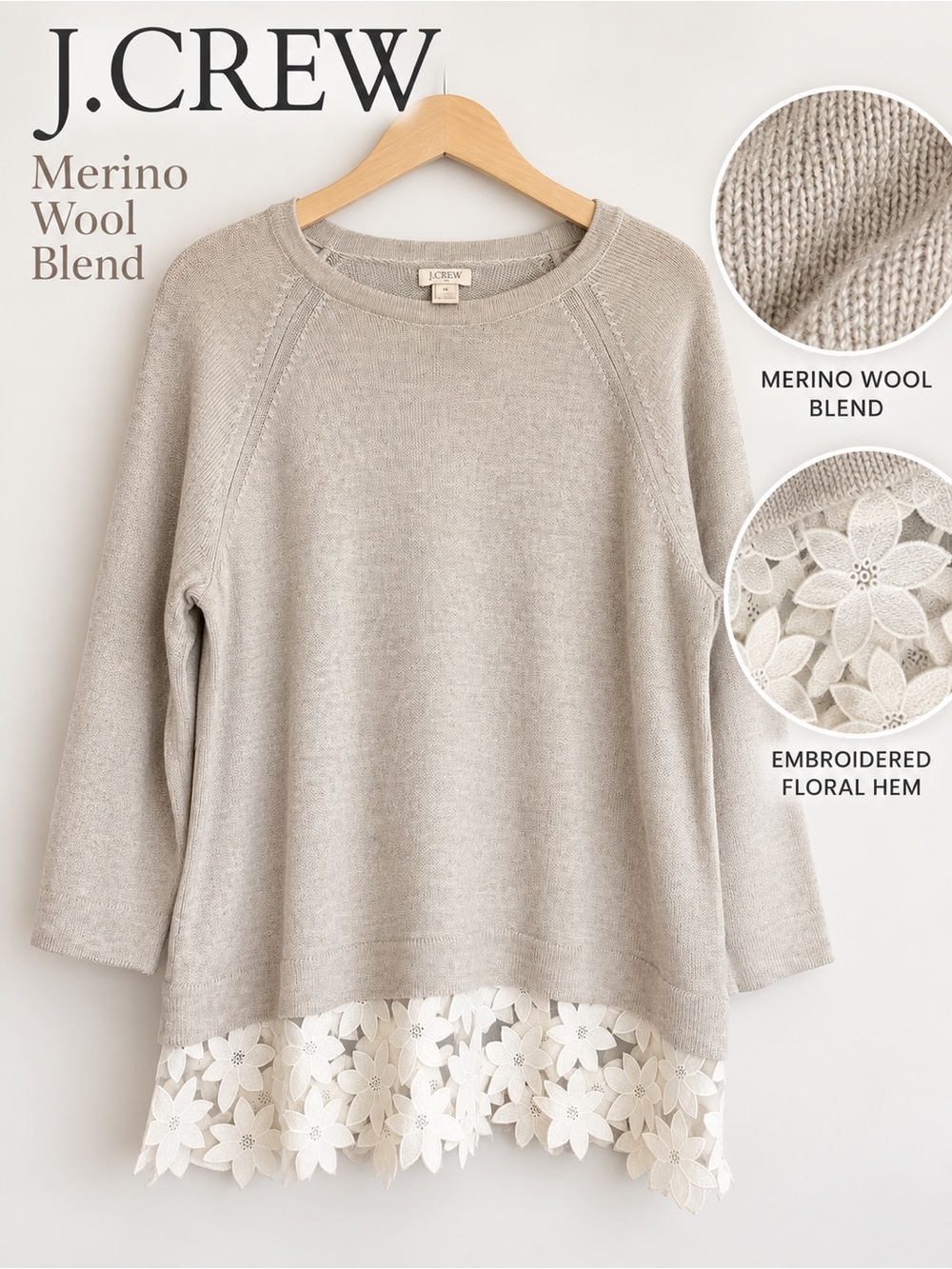 J. Crew Merino Wool Floral Lace Hem Sweater Size M
